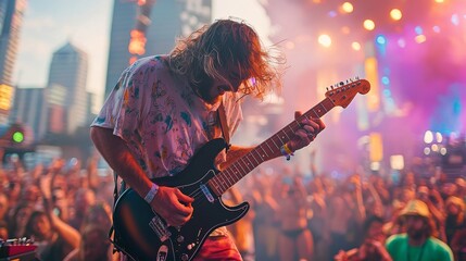 Wide-angle shot of a guitarist performing passionately on stage at Austin City Limits Festival with blurred crowd, vibrant colors, and energetic atmosphere