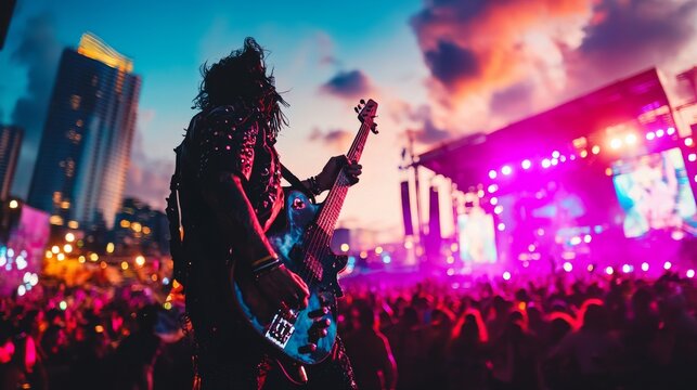 Wide-angle shot of a guitarist performing passionately on stage at Austin City Limits Festival with blurred crowd, vibrant colors, and energetic atmosphere