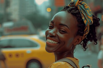 Cheerful black woman wearing a colorful headwrap smiles brightly on a busy city street during the...