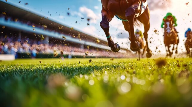 Wide-angle dynamic motion of horses and jockeys racing towards the finish line on turf