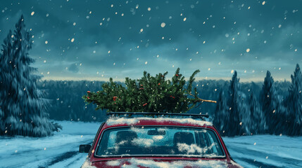 Red car with Christmas tree on the roof top in the beautiful winter landscape. Christmas holidays background for greeting card and winter holiday banner. 