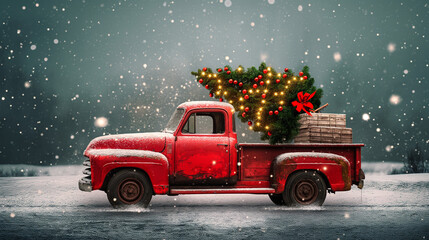 Red pick up truck car with Christmas tree on the roof top in the beautiful winter landscape. Christmas holidays background for greeting card and winter holiday banner. 
