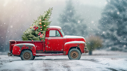 Red pick up truck car with Christmas tree on the roof top in the beautiful winter landscape. Christmas holidays background for greeting card and winter holiday banner. 