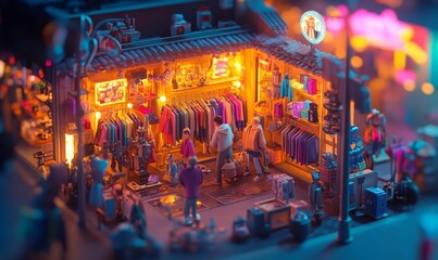 Obraz premium Night market with glowing lights and people.