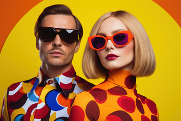 Young woman and man wearing sunglasses. Vibrant couple portrait in pop art retro style