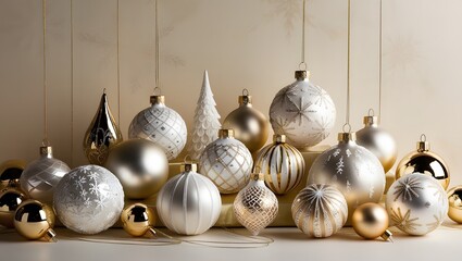 A majestic still life of Christmas ornaments in white and gold, adorned with intricate designs, glistening with a warm, festive shine, on a subtle, creamy background, evoking a sense of luxury 