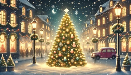 Obraz premium A Serene Christmas Night: A Softly Lit Christmas Tree in the Middle of a Beautifully Illuminated City Street, Gently Glowing Under Festive Lights with a Subtle Snowfall
