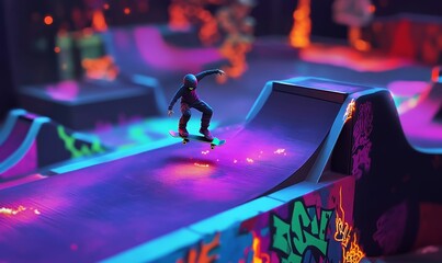 Neon-lit skater ollies over graffiti ramp.