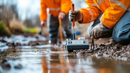 Two workers in orange gear measuring water quality in a stream, using specialized equipment to test environmental conditions.