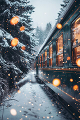 Beautiful retro steam train rides through winter landscape. Magical winter holiday season. Design with vintage locomotive for Christmas greeting card or banner. 