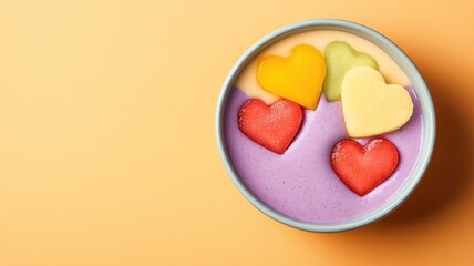 Obraz premium A colorful dessert topped with heart-shaped fruit slices, set against a vibrant orange background.