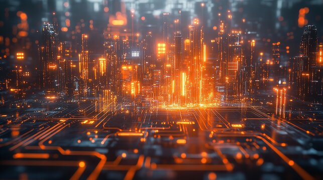 Digital Enigma: A woman's face, illuminated by a network of glowing digital code, stands against a backdrop of blurred lights, symbolizing the convergence of technology and humanity. This captivating