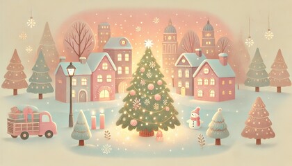 A Peaceful Christmas Day: A Softly Glowing Christmas Tree Lights Up a Pastel-Colored City, Capturing the Gentle Spirit of a Winter Holiday with a Children's Book Style