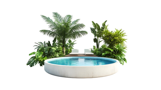 Swimming pool outdoors, nature tranquility, isolated on white background