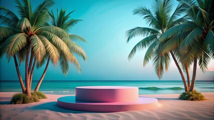 Minimalist Beach Scene with Pink Podium and Palms