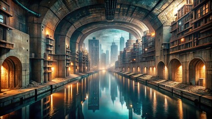 Naklejka premium Underground city with waterway and chambers