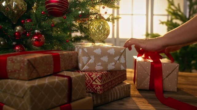 Female hands opening Christmas present in decorated room