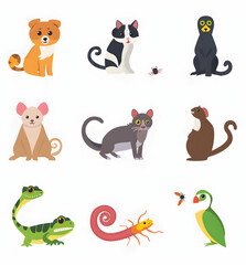 Nine cartoon animals in a set of illustrations isolated on white background a dog, cat, monkey, rat, lizard, scorpion, and a bird.