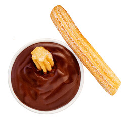 Churro isolated. Fried Churro with melting chocolate dip sauce in a  cup on white background. Churro pastry top view. Flat lay