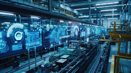 Fototapeta premium Industrial Factory with Digital Interface Overlays