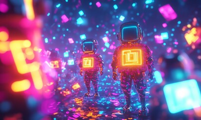 Naklejka premium Neon glowing robots in a colorful space.