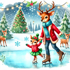 Fototapeta premium Reindeer Family Ice Skating