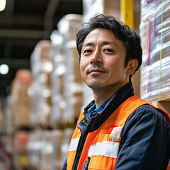 Fototapeta premium A man in an orange vest stands in front of a stack of boxes