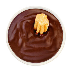 Churros isolated. Fried Churros with melting chocolate dip sauce in a  bowl on white background. Churros doudht pastry top view. Flat lay