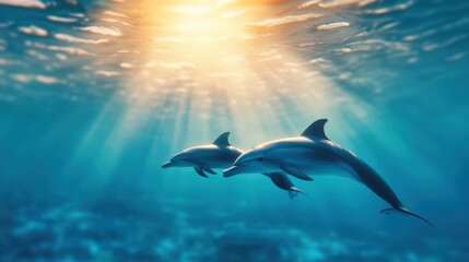 Underwater scene with playful dolphins swimming in the sunlit ocean