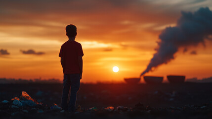 Obraz premium child stands silhouetted against vibrant sunset, observing industrial landscape with smoke rising from cooling towers. scene evokes sense of contemplation about environment.