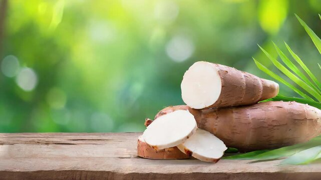 cassava on wood with a blurred green background