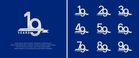 anniversary logo style set. vector design silver color with ribbon for celebration moment