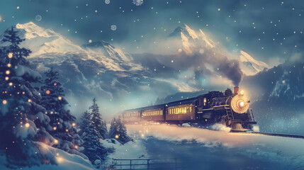 Obraz premium Beautiful retro steam train rides through winter landscape. Magical winter holiday season. Design with vintage locomotive for Christmas greeting card or banner. 