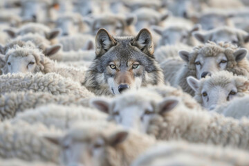 Wolf hidden among flock of sheep, staring directly, creating striking contrast between predator and prey
