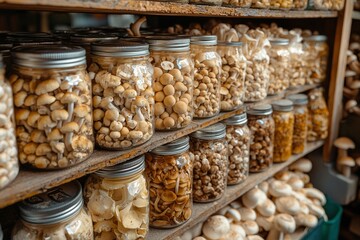 Jars of preserved mushrooms on wooden shelves