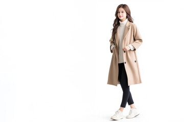 ベージュ色のコートを着て歩く女性	