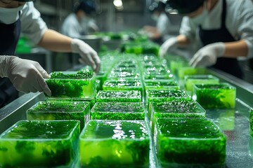 Workers in a Food Factory Packaging Green Seaweed