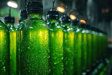 Close-up of a row of green glass bottles with condensation on the surface