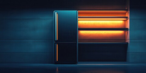 Modern black refrigerator and illuminated shelving with contrasting blue and orange lighting, creating a futuristic and stylish ambiance
