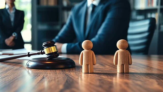 A detailed view of a family wooden figure placed next to a gavel on a judge&rsquo;s desk, with a lawyer standing in the background, symbolizing divorce proceedings and custody decisions