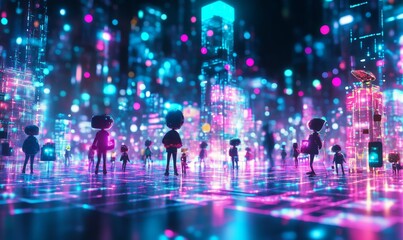 Fototapeta premium Silhouettes in neon-lit futuristic city.
