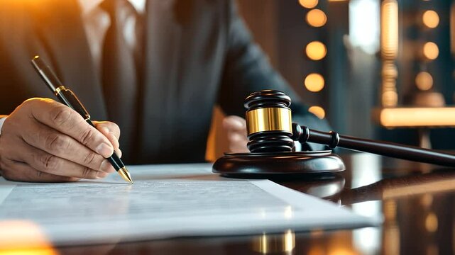 A male judge seated at his desk, holding a pen and reviewing a property contract, with a gavel in the foreground and a wooden house model representing real estate law