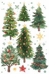 Fototapeta premium Set of beautiful, decorated Christmas trees on a white background. Illustration, perfect for greeting card and xmas design. Colorful Merry Christmas scene. 