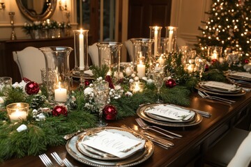 A Christmas dinner table decorated with elegant candles, pine branches, and silverware, with each place setting featuring personalized holiday name cards.