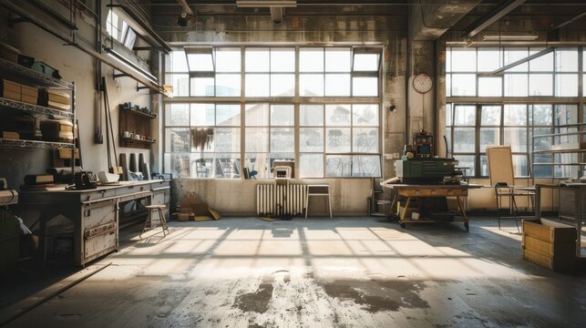 A Sunlit Industrial Workshop With Tools and Workbenches