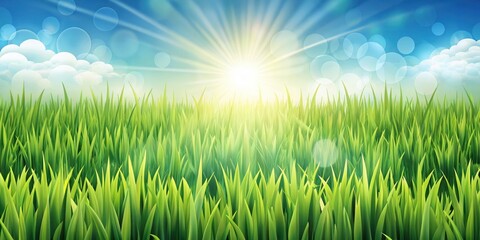 Obraz premium A Lush Field of Grass Basking in the Golden Glow of a Rising Sun, with a Bright Blue Sky and Scattered White Clouds