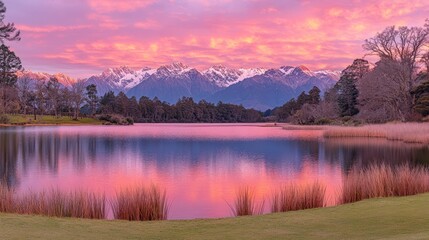 Fototapeta premium Majestic snow-capped mountain range reflected in a calm lake at sunrise, with a pink and purple sky.