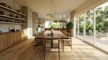 Fototapeta premium Modern Dining Room with Wooden Table and Chairs, Sunlight Streaming Through Large Windows