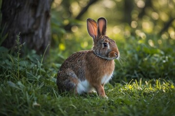 A brown bunny searching for food