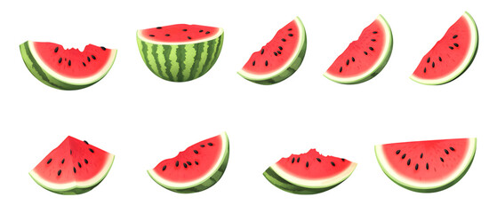 Collection of sliced watermelon on transparent png background, generative AI isolated on white background